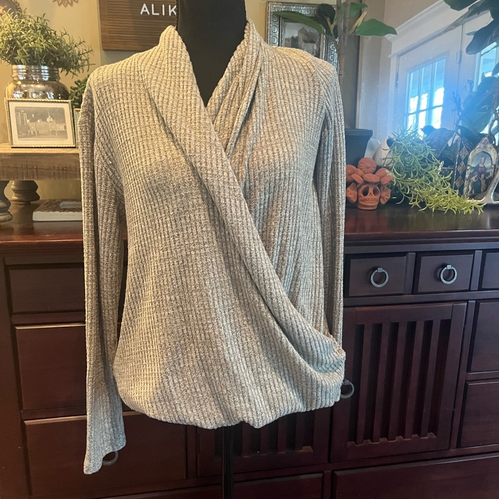 Anthropologie Akemi + Kin Light Green  Cowl Neck Waffle Knit Wrap Top